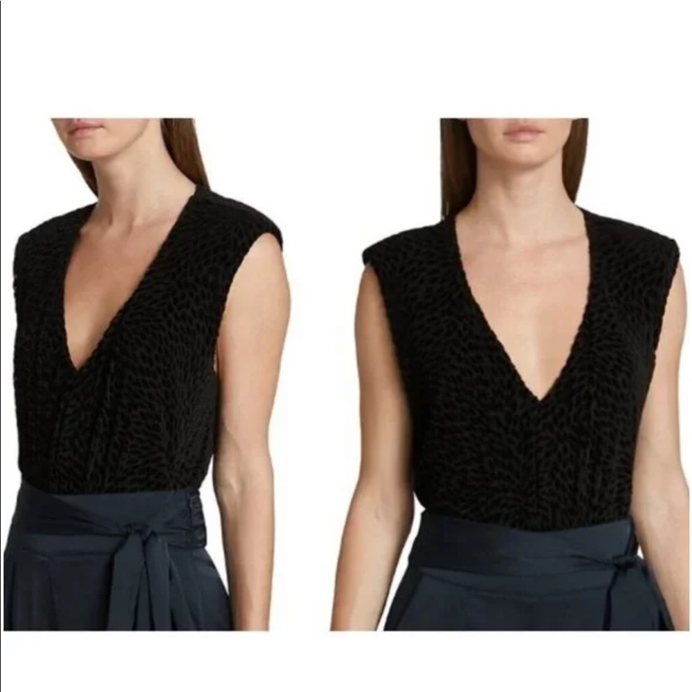 Ramy Brook Black Regina Velvet Embossed Burnout Cap Sleeve V-Neck Bodysuit Small - Picture 8 of 10